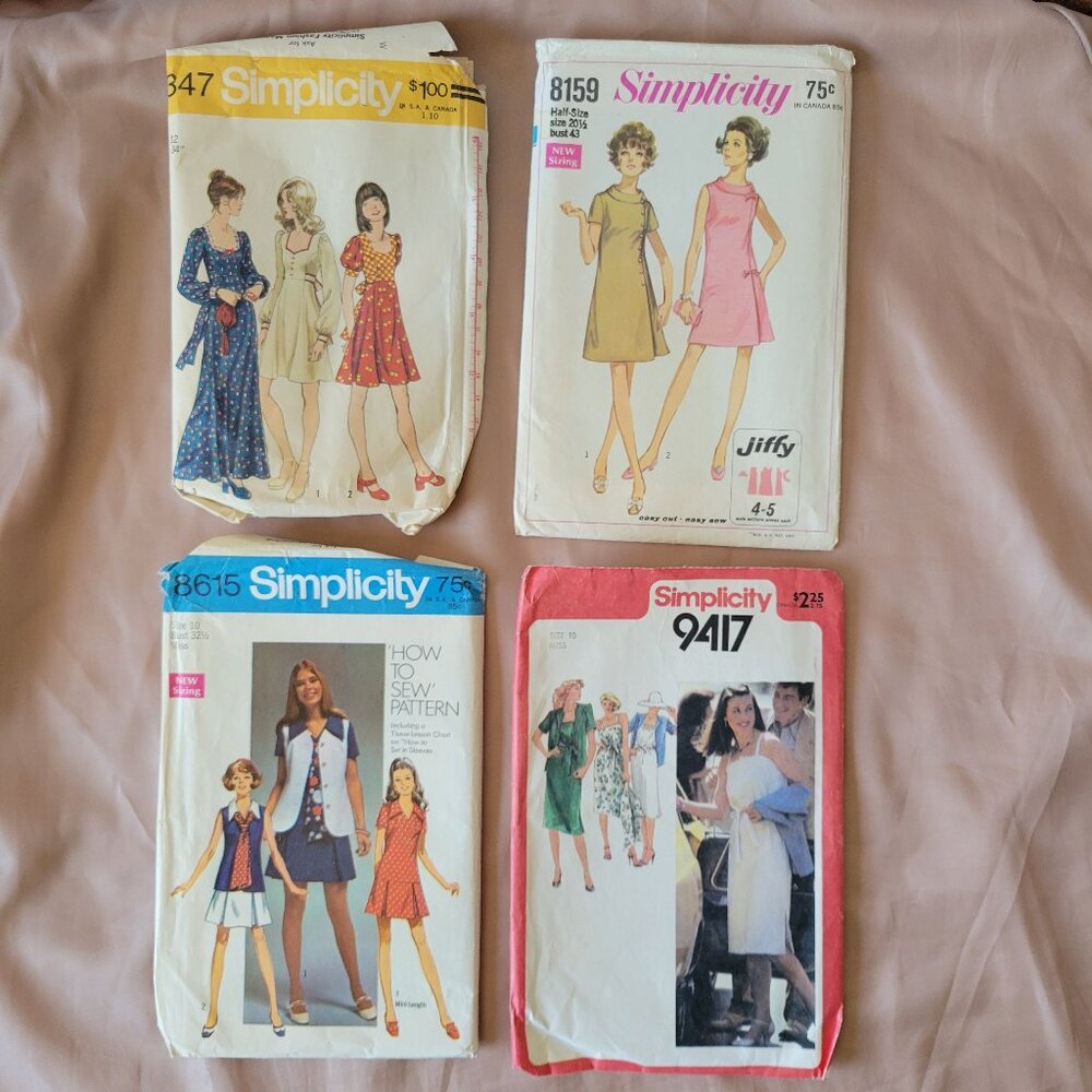 Vintage 60’s & 70’s Simplicity Sewing Patterns Lot of 4.  Teen/Miss, Dresses/top